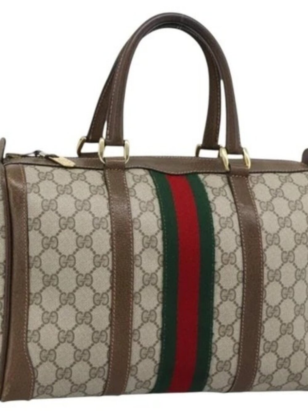 GUCCI GG Supreme Web Sherry Line Boston Bag PVC Beige Gold Auth ep15012